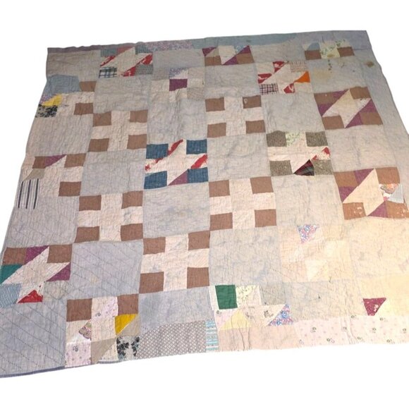 Antique Quilt Handmade Patchwork 70"x66" Multicolor Geometric Design Cotton READ - Picture 3 of 16
